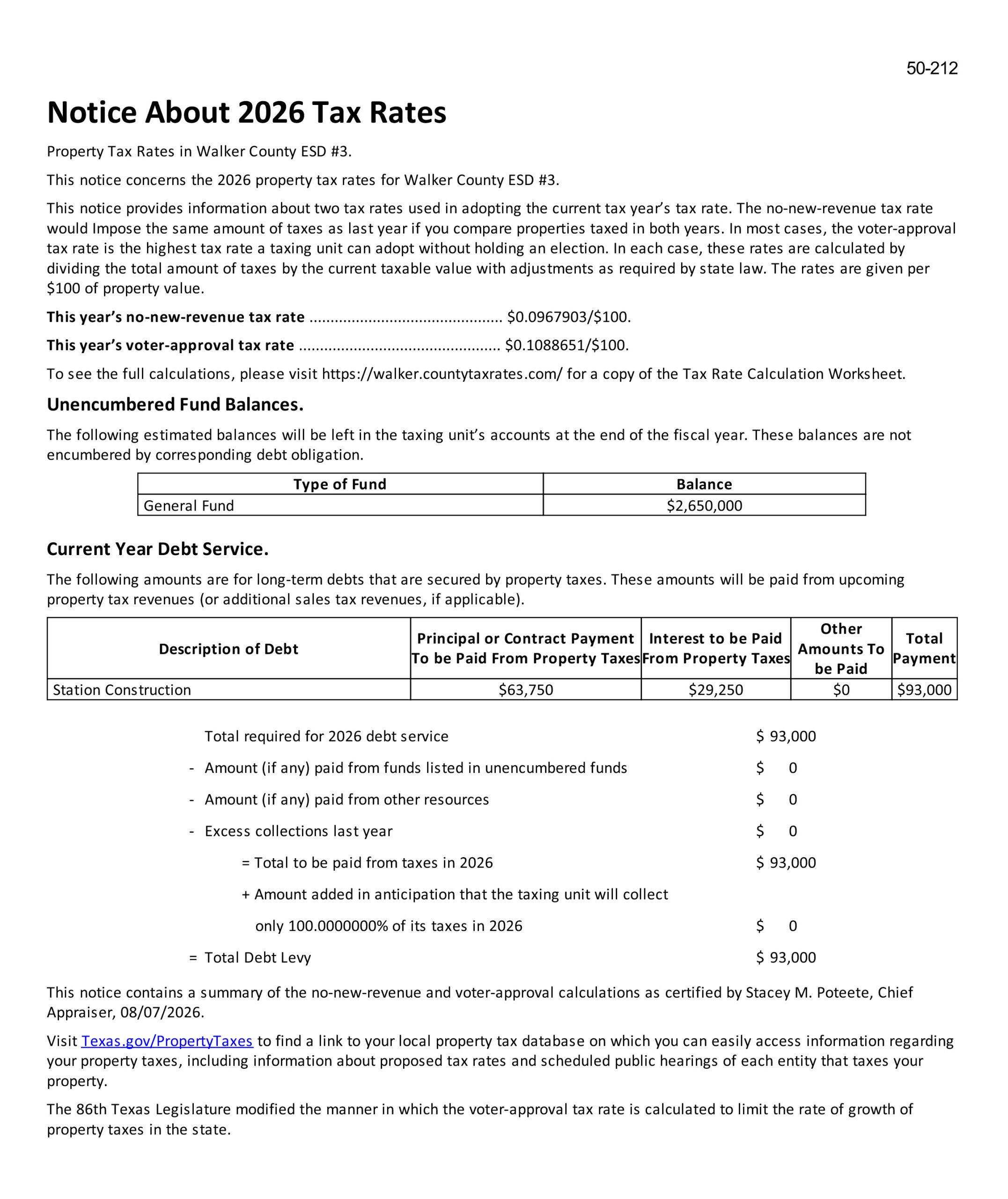 2026 tax notice for Walker County ESD #3 highlighting no-new-revenue and voter-approval tax rates, along with current debt service details.